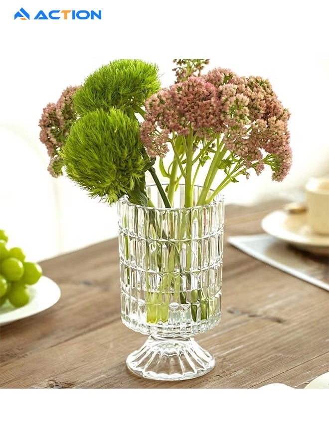 ACTION 7” Embossed Crystal Glass Vase – Transparent Pedestal Base Flower Vase, Hydroponic Bouquet Vase for Home, Office, Wedding & Table Decor (Long Rhombus Pattern) - Image 4